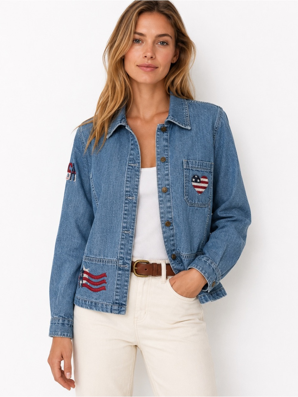 Y2K Embroidered Patriotic Denim Jacket‎ | 100% Cotton Americana Western | Size M